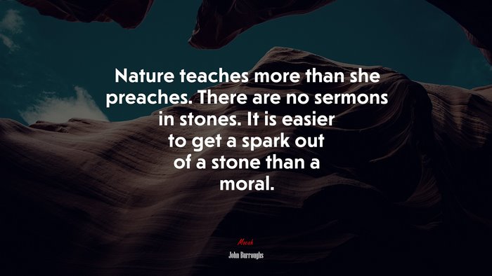 Nature teaches more than she preaches. There are no sermons in stones. It is easier to get a spark out of a stone than a moral. | John Burroughs quote