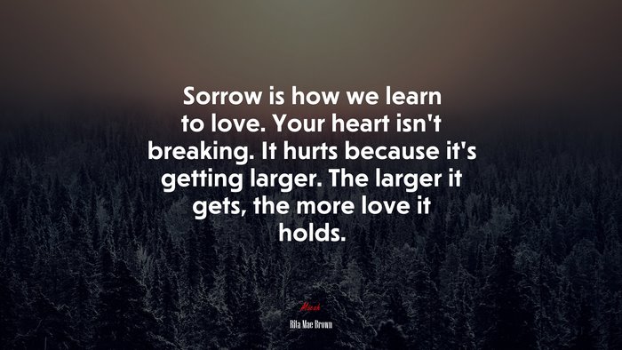 Sorrow is how we learn to love. Your heart isn’t breaking. It hurts because it’s getting larger. The larger it gets, the more love it holds. | Rita Mae Brown quote
