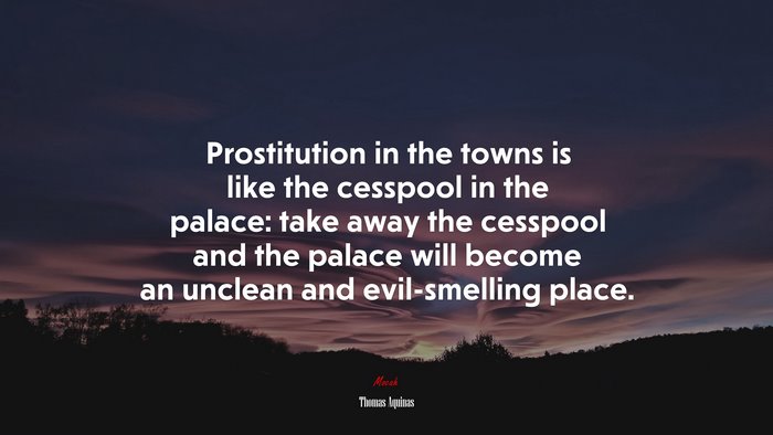 Prostitution in the towns is like the cesspool in the palace: take away the cesspool and the palace will become an unclean and evil-smelling place. | Thomas Aquinas quote