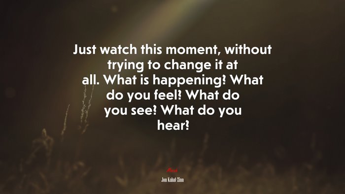 Just watch this moment, without trying to change it at all. What is happening? What do you feel? What do you see? What do you hear? | Jon Kabat-Zinn quote