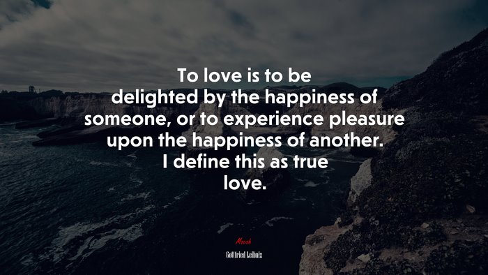 To love is to be delighted by the happiness of someone, or to experience pleasure upon the happiness of another. I define this as true love. | Gottfried Leibniz quote