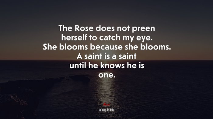The Rose does not preen herself to catch my eye. She blooms because she blooms. A saint is a saint until he knows he is one. | Anthony de Mello quote