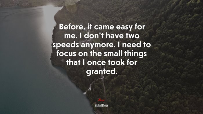 Before, it came easy for me. I don’t have two speeds anymore. I need to focus on the small things that I once took for granted. | Michael Phelps quote
