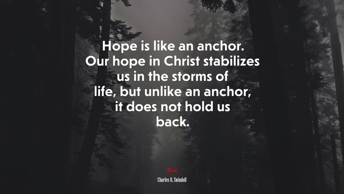 Hope is like an anchor. Our hope in Christ stabilizes us in the storms of life, but unlike an anchor, it does not hold us back. | Charles R. Swindoll quote