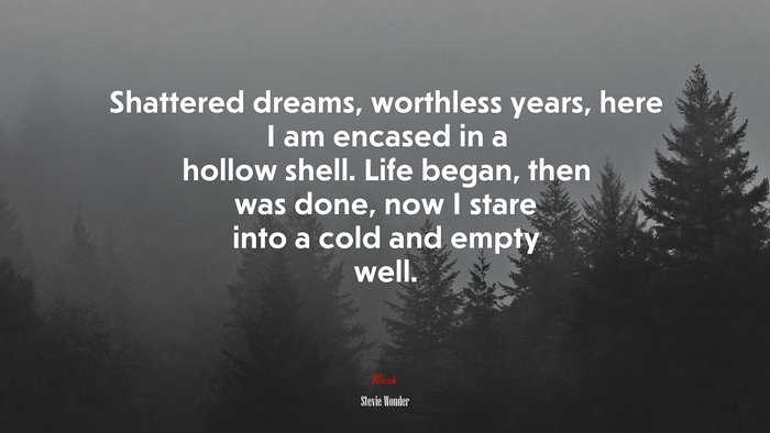 Shattered dreams, worthless years, here I am encased in a hollow shell. Life began, then was done, now I stare into a cold and empty well. | Stevie Wonder quote