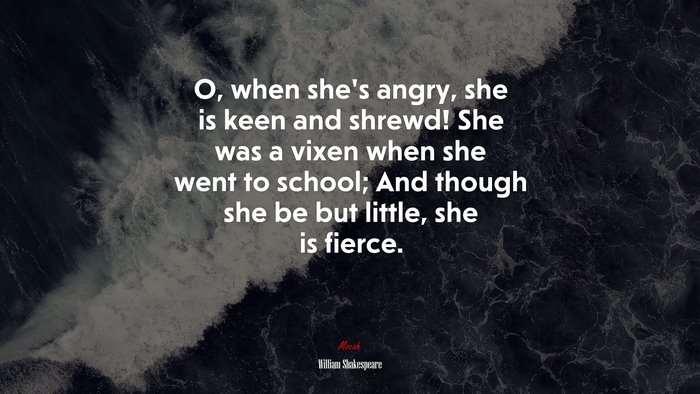 O, when she’s angry, she is keen and shrewd! She was a vixen when she went to school; And though she be but little, she is fierce. | William Shakespeare quote