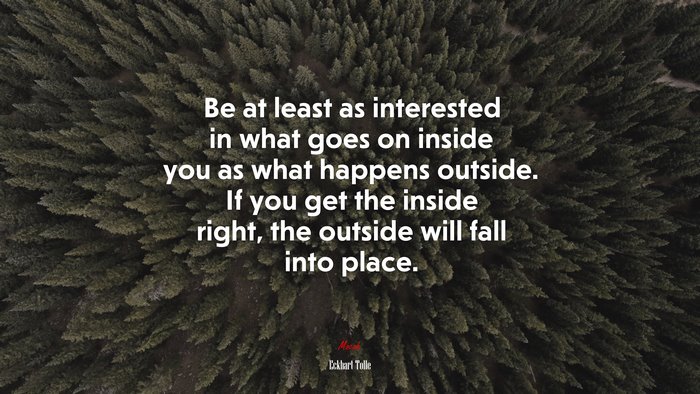 Be at least as interested in what goes on inside you as what happens outside. If you get the inside right, the outside will fall into place. | Eckhart Tolle quote