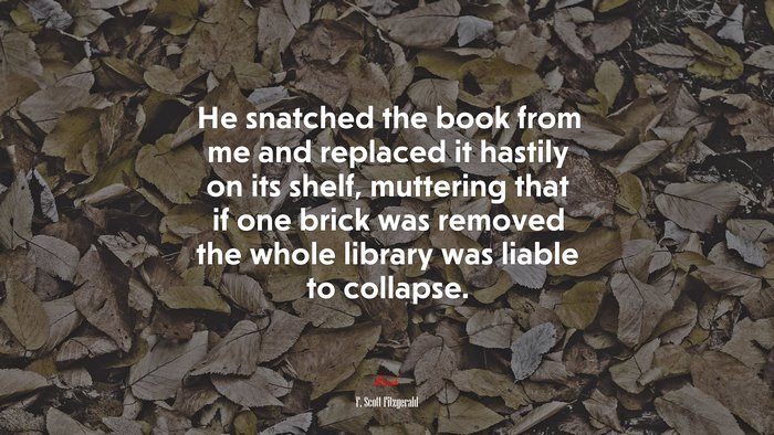 He snatched the book from me and replaced it hastily on its shelf, muttering that if one brick was removed the whole library was liable to collapse. | F. Scott Fitzgerald quote