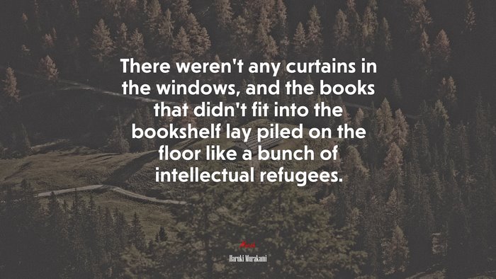 There weren’t any curtains in the windows, and the books that didn’t fit into the bookshelf lay piled on the floor like a bunch of intellectual refugees. | Haruki Murakami quote