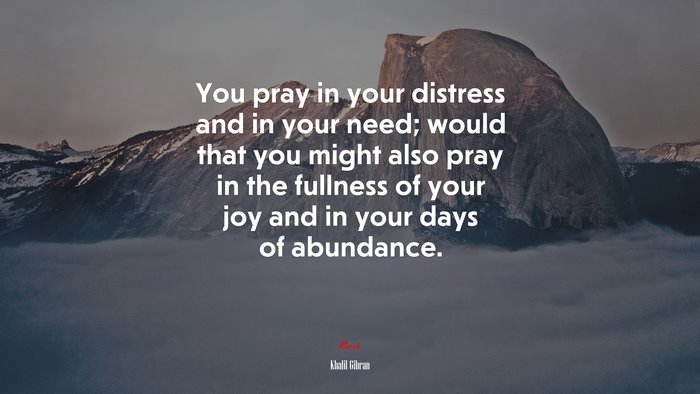 You pray in your distress and in your need; would that you might also pray in the fullness of your joy and in your days of abundance. | Khalil Gibran quote