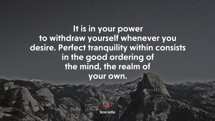 It is in your power to withdraw yourself whenever you desire. Perfect tranquility within consists in the good ordering of the mind, the realm of your own. | Marcus Aurelius quote