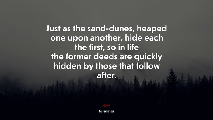 Just as the sand-dunes, heaped one upon another, hide each the first, so in life the former deeds are quickly hidden by those that follow after. | Marcus Aurelius quote