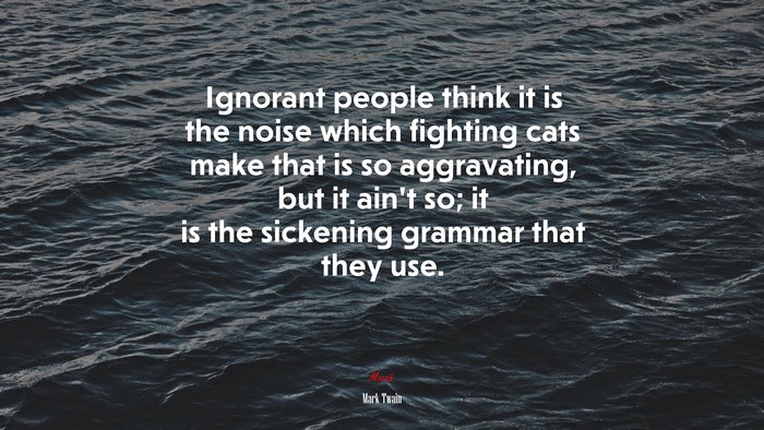Ignorant people think it is the noise which fighting cats make that is so aggravating, but it ain’t so; it is the sickening grammar that they use. | Mark Twain quote