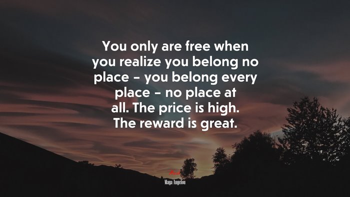 You only are free when you realize you belong no place – you belong every place – no place at all. The price is high. The reward is great. | Maya Angelou quote
