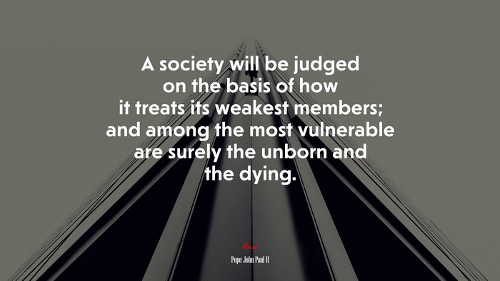 A society will be judged on the basis of how it treats its weakest members; and among the most vulnerable are surely the unborn and the dying. | Pope John Paul II quote