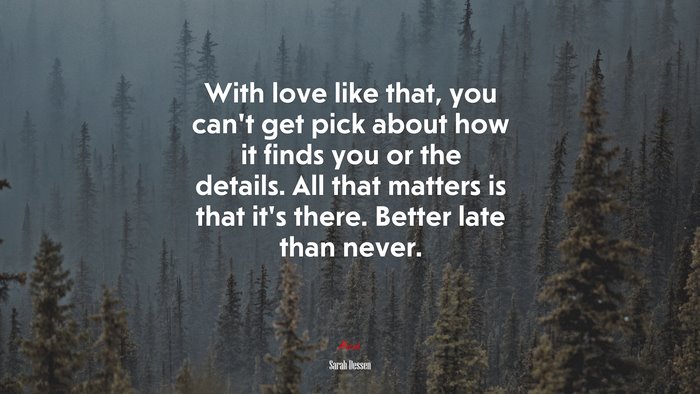 With love like that, you can’t get pick about how it finds you or the details. All that matters is that it’s there. Better late than never. | Sarah Dessen quote