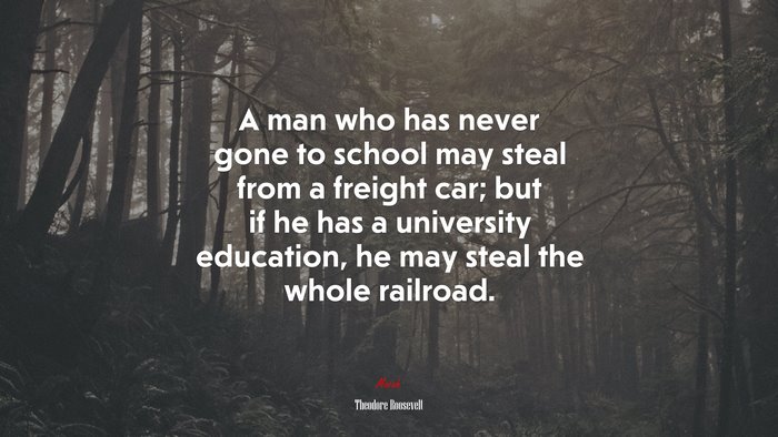 A man who has never gone to school may steal from a freight car; but if he has a university education, he may steal the whole railroad. | Theodore Roosevelt quote