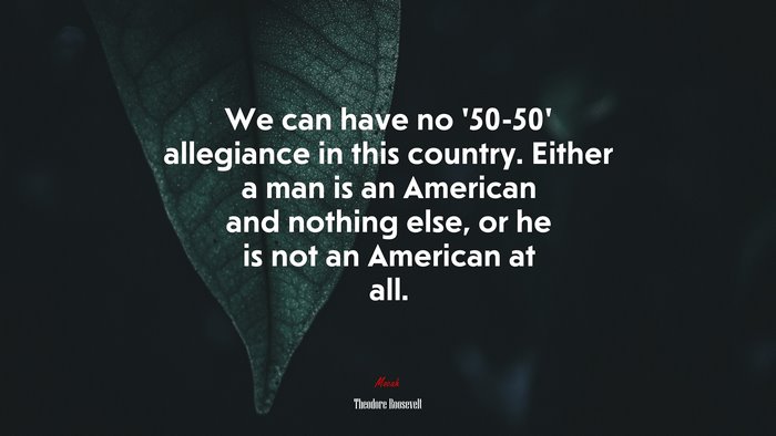 We can have no ‘50-50’ allegiance in this country. Either a man is an American and nothing else, or he is not an American at all. | Theodore Roosevelt quote