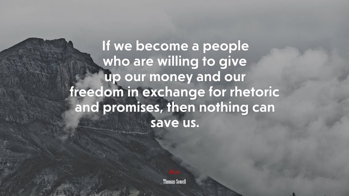 If we become a people who are willing to give up our money and our freedom in exchange for rhetoric and promises, then nothing can save us. | Thomas Sowell quote