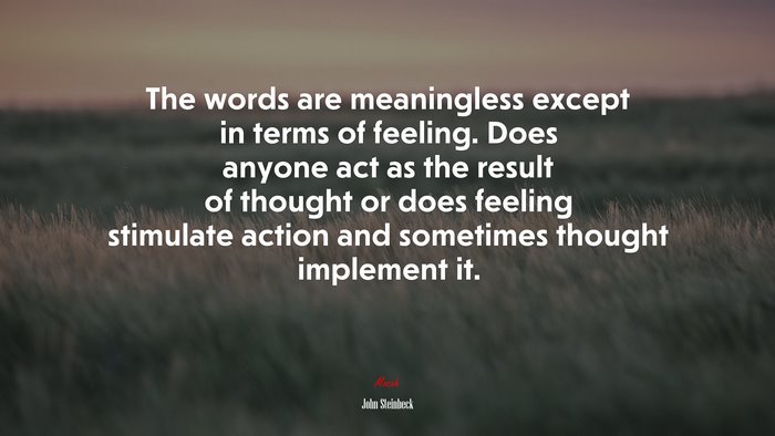 The words are meaningless except in terms of feeling. Does anyone act as the result of thought or does feeling stimulate action and sometimes thought implement it. | John Steinbeck quote