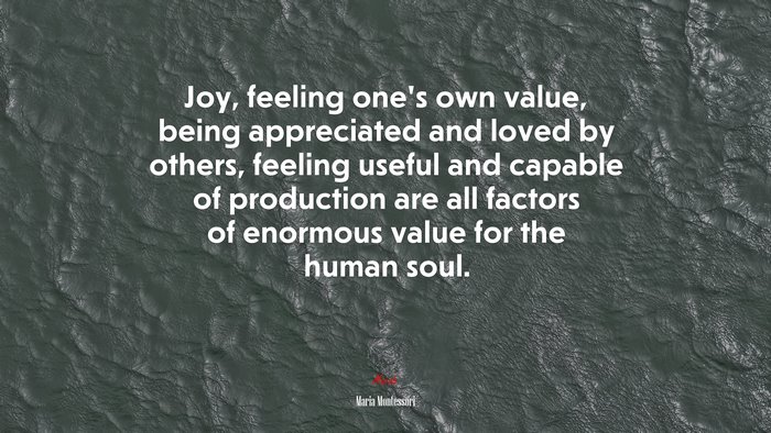 Joy, feeling one’s own value, being appreciated and loved by others, feeling useful and capable of production are all factors of enormous value for the human soul. | Maria Montessori quote