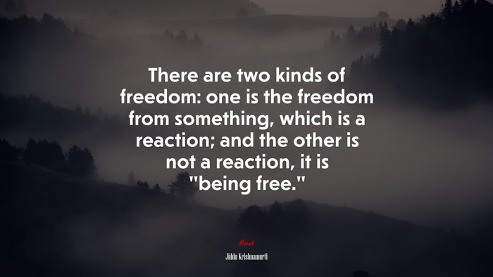 There are two kinds of freedom: one is the freedom from something, which is a reaction; and the other is not a reaction, it is “being free.” | Jiddu Krishnamurti quote