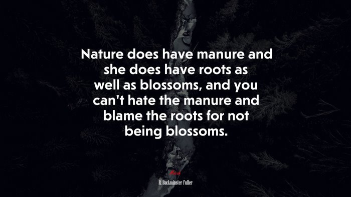 Nature does have manure and she does have roots as well as blossoms, and you can’t hate the manure and blame the roots for not being blossoms. | R. Buckminster Fuller quote