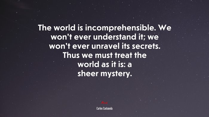 The world is incomprehensible. We won’t ever understand it; we won’t ever unravel its secrets. Thus we must treat the world as it is: a sheer mystery. | Carlos Castaneda quote