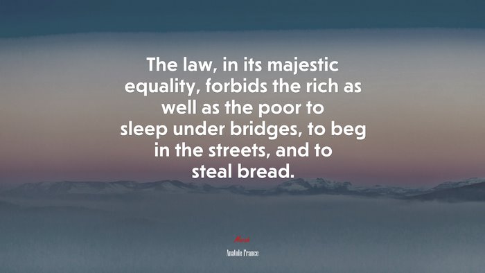 The law, in its majestic equality, forbids the rich as well as the poor to sleep under bridges, to beg in the streets, and to steal bread. | Anatole France quote