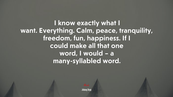 I know exactly what I want. Everything. Calm, peace, tranquility, freedom, fun, happiness. If I could make all that one word, I would – a many-syllabled word. | Johnny Depp quote