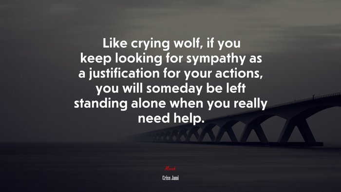 Like crying wolf, if you keep looking for sympathy as a justification for your actions, you will someday be left standing alone when you really need help. | Criss Jami quote