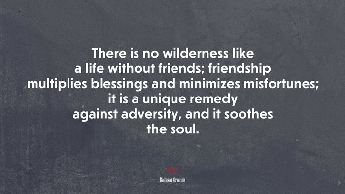 There is no wilderness like a life without friends; friendship multiplies blessings and minimizes misfortunes; it is a unique remedy against adversity, and it soothes the soul. | Baltasar Gracián quote
