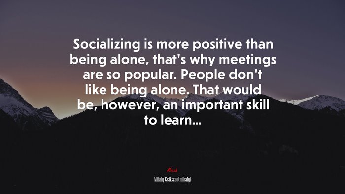 Socializing is more positive than being alone, that’s why meetings are so popular. People don’t like being alone. That would be, however, an important skill to learn... | Mihaly Csikszentmihalyi quote