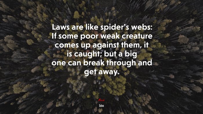 Laws are like spider’s webs: If some poor weak creature comes up against them, it is caught; but a big one can break through and get away. | Solon quote