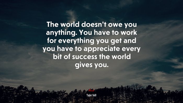 The world doesn’t owe you anything. You have to work for everything you get and you have to appreciate every bit of success the world gives you. | Taylor Swift quote