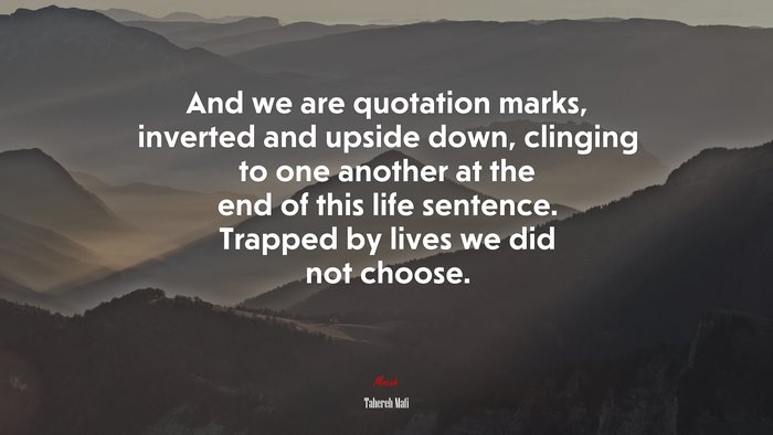 And we are quotation marks, inverted and upside down, clinging to one another at the end of this life sentence. Trapped by lives we did not choose. | Tahereh Mafi quote