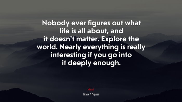Nobody ever figures out what life is all about, and it doesn’t matter. Explore the world. Nearly everything is really interesting if you go into it deeply enough. | Richard P. Feynman quote