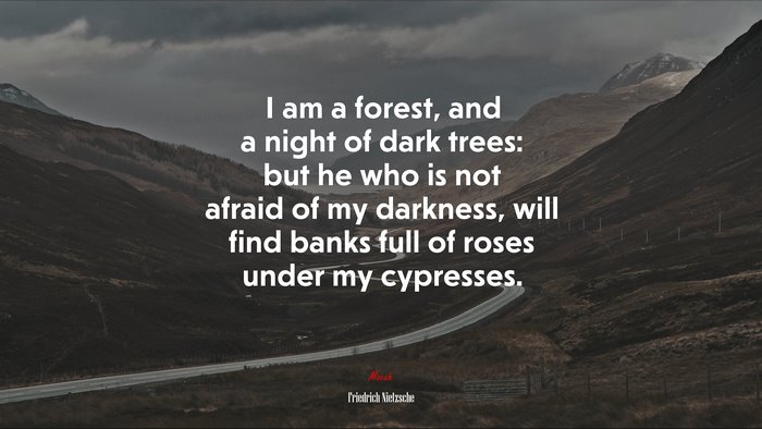 I am a forest, and a night of dark trees: but he who is not afraid of my darkness, will find banks full of roses under my cypresses. | Friedrich Nietzsche quote