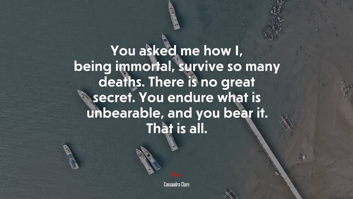 You asked me how I, being immortal, survive so many deaths. There is no great secret. You endure what is unbearable, and you bear it. That is all. | Cassandra Clare quote