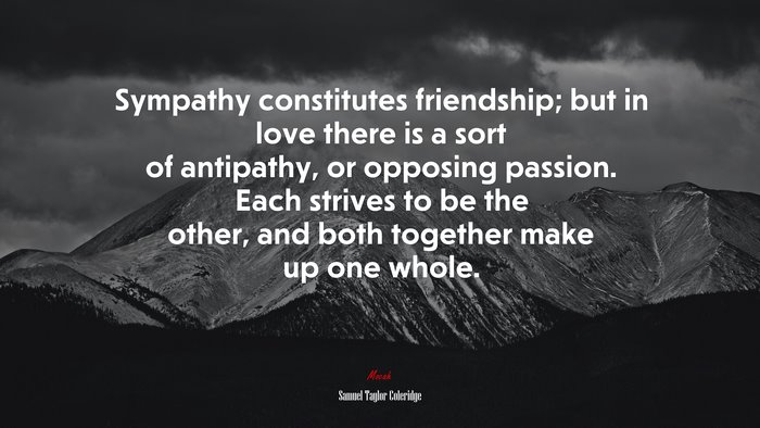 Sympathy constitutes friendship; but in love there is a sort of antipathy, or opposing passion. Each strives to be the other, and both together make up one whole. | Samuel Taylor Coleridge quote