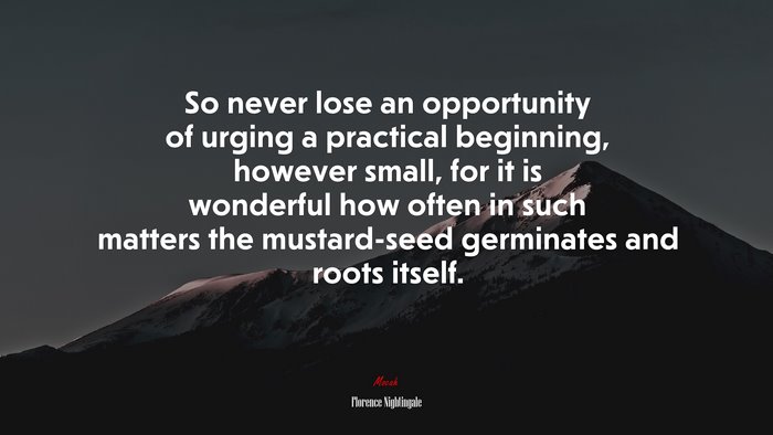 So never lose an opportunity of urging a practical beginning, however small, for it is wonderful how often in such matters the mustard-seed germinates and roots itself. | Florence Nightingale quote