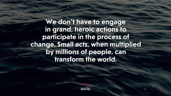 We don’t have to engage in grand, heroic actions to participate in the process of change. Small acts, when multiplied by millions of people, can transform the world. | Howard Zinn quote