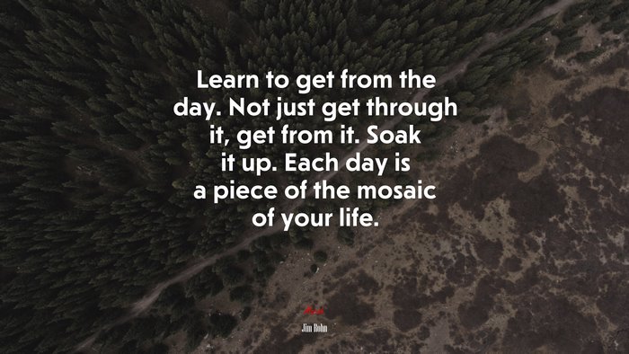 Learn to get from the day. Not just get through it, get from it. Soak it up. Each day is a piece of the mosaic of your life. | Jim Rohn quote