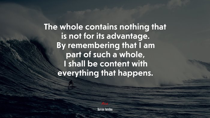 The whole contains nothing that is not for its advantage. By remembering that I am part of such a whole, I shall be content with everything that happens. | Marcus Aurelius quote
