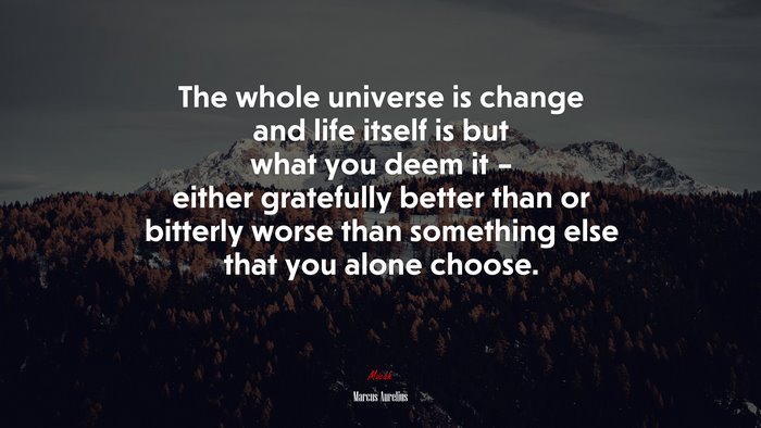 The whole universe is change and life itself is but what you deem it – either gratefully better than or bitterly worse than something else that you alone choose. | Marcus Aurelius quote