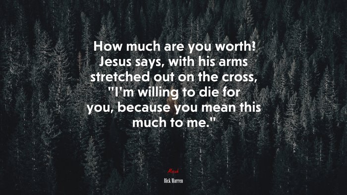 How much are you worth? Jesus says, with his arms stretched out on the cross, “I’m willing to die for you, because you mean this much to me.” | Rick Warren quote