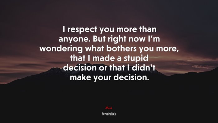 I respect you more than anyone. But right now I’m wondering what bothers you more, that I made a stupid decision or that I didn’t make your decision. | Veronica Roth quote
