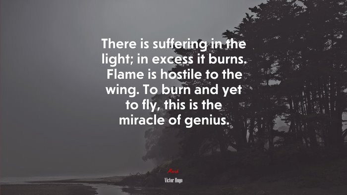 There is suffering in the light; in excess it burns. Flame is hostile to the wing. To burn and yet to fly, this is the miracle of genius. | Victor Hugo quote