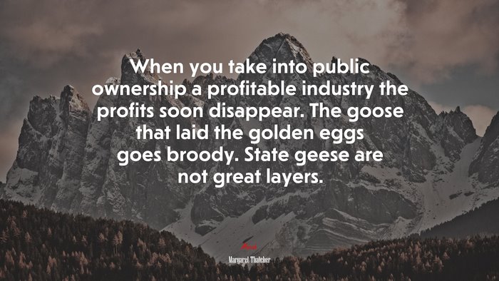 When you take into public ownership a profitable industry the profits soon disappear. The goose that laid the golden eggs goes broody. State geese are not great layers. | Margaret Thatcher quote