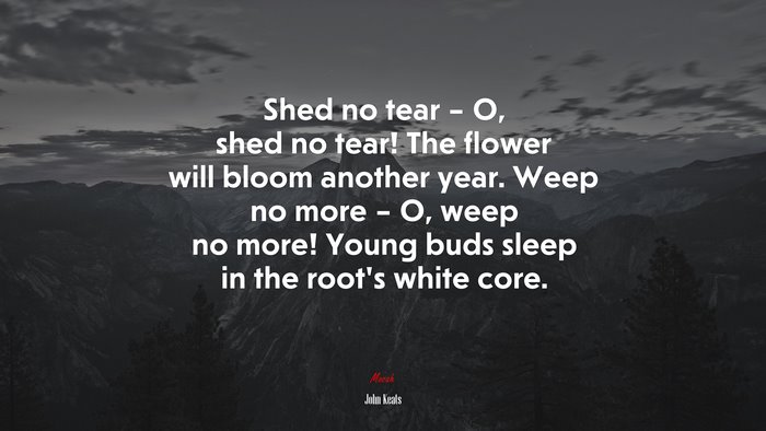 Shed no tear – O, shed no tear! The flower will bloom another year. Weep no more – O, weep no more! Young buds sleep in the root’s white core. | John Keats quote